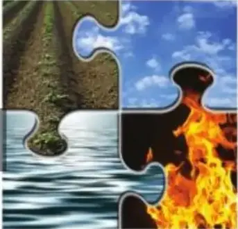 Composición de imágenes de los cuatro elementos clásicos: tierra, agua, aire y fuego.