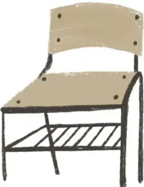 Silla escolar de madera con asiento, respaldo y rejilla metálica inferior dibujada a mano.