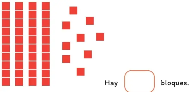 Cuatro barras rojas verticales de 10 cubos cada una y varios cubos rojos sueltos, con un recuadro para escribir el número.