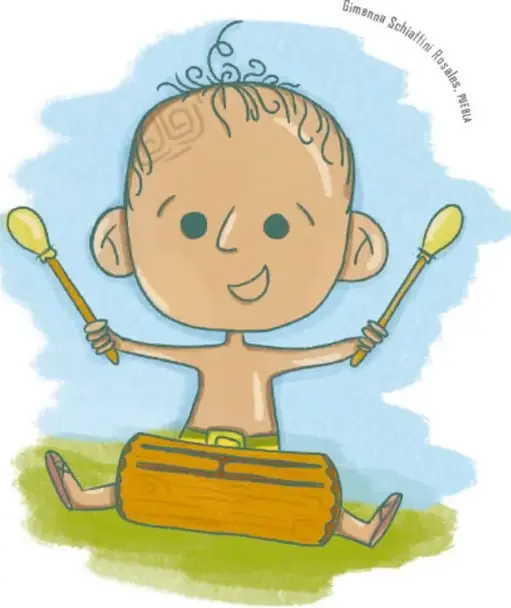 Ilustración de un enano bebé sonriente, sentado con las piernas abiertas, tocando con dos varitas un tambor horizontal de madera (tunkul).