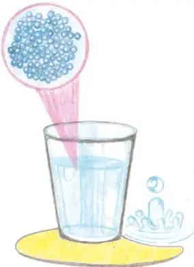 Vaso con agua y detalle ampliado de partículas de un líquido ligeramente separadas.
