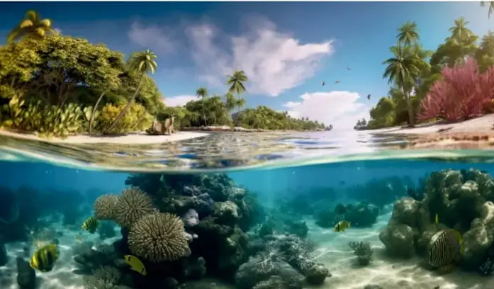 Fotografía dividida horizontalmente: la mitad superior muestra una isla tropical con vegetación y palmeras bajo cielo nublado; la mitad inferior muestra un arrecife de coral submarino con peces de colores.