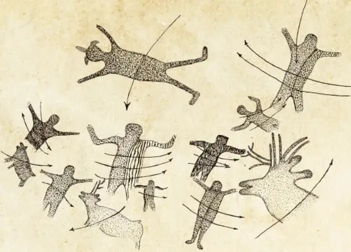 Ilustración de figuras humanas y animales estilizados, similares a pinturas rupestres, con líneas que sugieren movimiento y caza.