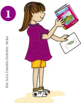 Ilustración de una niña que busca información: sostiene un libro y toma notas en una hoja.