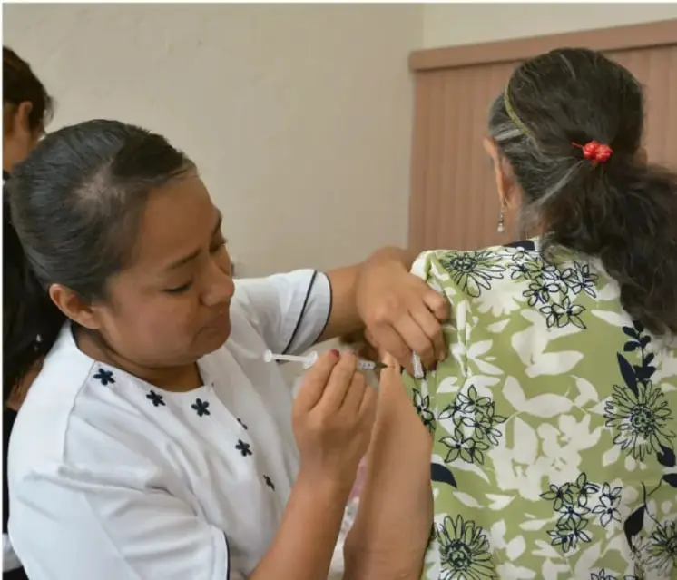 Fotografía de una trabajadora de salud aplicando una vacuna en el brazo de una persona adulta, en un consultorio.