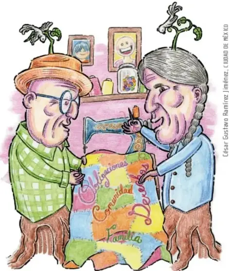 Dibujo de una familia colaborando: la madre lleva frutas, un niño lava trastes en la cocina y dos niños pequeños ayudan a poner la mesa; representa las obligaciones compartidas en el hogar. Ilustración de César Gustavo Ramírez Jiménez, Ciudad de México.