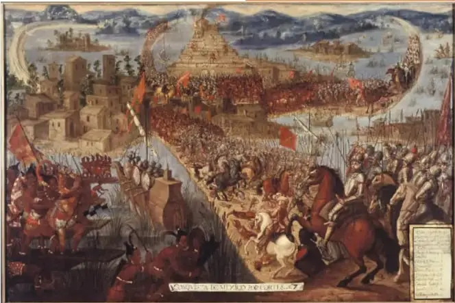 Pintura del sitio de Tenochtitlan con guerreros, canoas y bergantines en el lago.