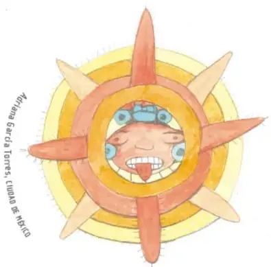 Ilustración de un sol con rostro humano rodeado de rayos punzantes, con la boca abierta y lenguas de colores, que representa la Tierra o el sol afectado por el calor y la contaminación. Crédito: Alma García Torres, Ciudad de México.