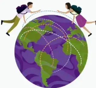Ilustración de dos personas corriendo alrededor de un globo terráqueo con líneas punteadas que representan rutas migratorias.