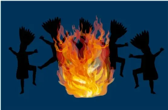 Siluetas negras de dioses danzando alrededor de una hoguera ardiente, sobre fondo azul nocturno.