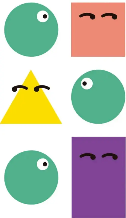 Grupo de figuras geométricas de colores separadas por tipos: círculos verdes, rombos y cuadrados naranjas, triángulos en abanico y rectángulos morados, verdes y azules, cada tipo junto con los suyos.