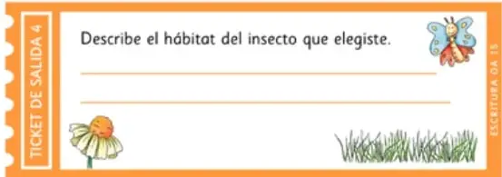 Ticket de salida con borde naranja, mariposa y pasto, con la frase "Describe el hábitat del insecto que elegiste" y líneas para escribir.