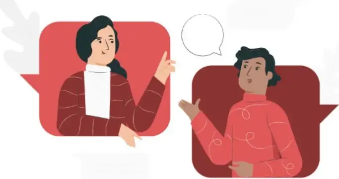 Ilustración de dos personas dialogando dentro de globos de texto: una mujer de cabello oscuro y suéter rojo con bufanda blanca, y un hombre joven de suéter rojo. Representan un debate o conversación.