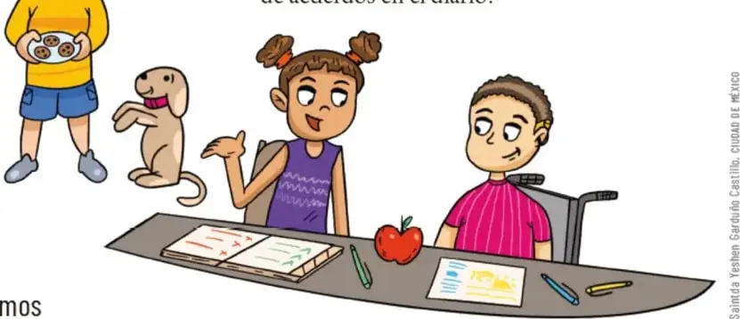 Ilustración de un niño de pie sosteniendo un plato con galletas, acompañado de un perro pequeño.