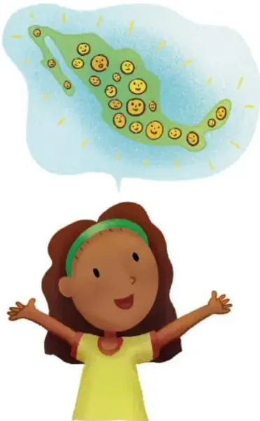 Ilustración de un niño pensativo con un globo de pensamiento donde aparece una doctora con cubrebocas haciendo la señal de victoria.