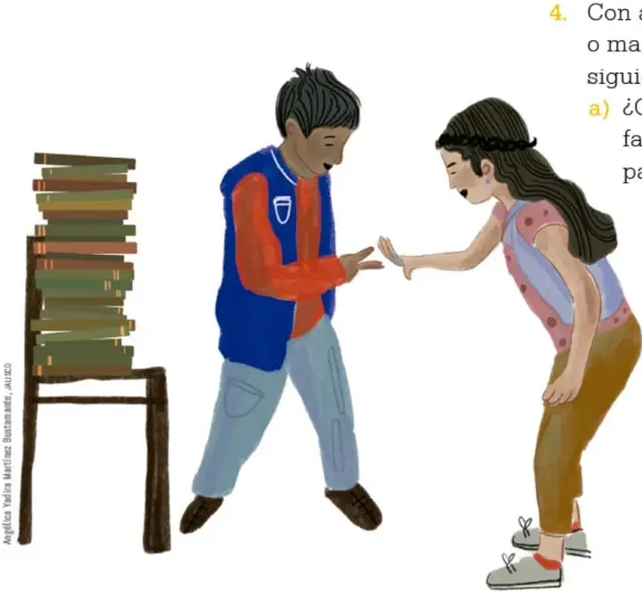 Dos estudiantes dialogan junto a una silla con libros; uno extiende la mano en señal de acuerdo.