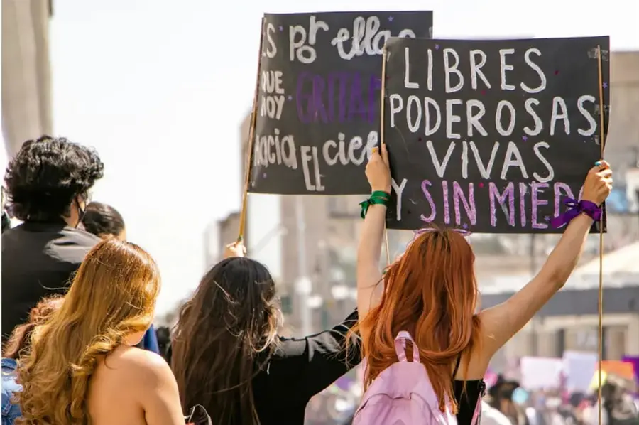 Fotografía de una marcha o protesta donde varias mujeres sostienen carteles; uno de ellos dice "LIBRES, PODEROSAS, VIVAS Y SIN MIEDO". Ilustra la idea de comunidad, pertenencia y expresión colectiva.
