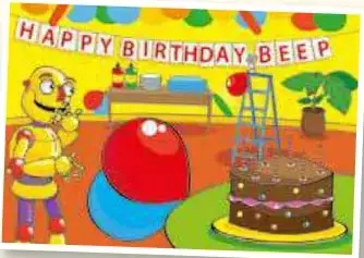 Cartel HAPPY BIRTHDAY BEEP con torta, globos y regalos.