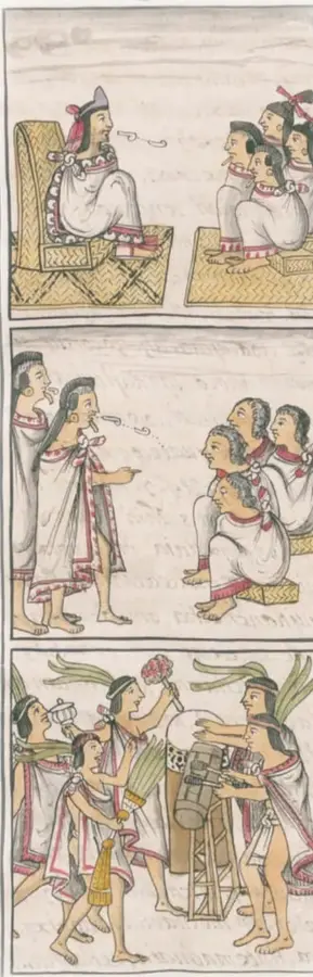 Página de códice con tres escenas apiladas: una autoridad sentada en un trono tejido que dialoga (con volutas de discurso) frente a un grupo; una mujer de pie hablando ante personas sentadas; una procesión ceremonial con tambor vertical, plumas y banderas.