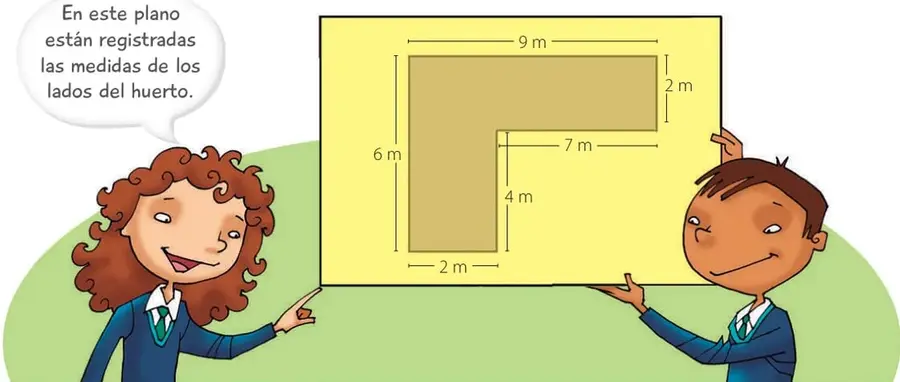 Ilustración de dos estudiantes sosteniendo el plano de un huerto con forma de L. Sobre el plano están marcadas las medidas: 9 m (arriba), 2 m (derecha superior), 7 m (horizontal interior), 4 m (vertical interior), 2 m (abajo) y 6 m (izquierda).