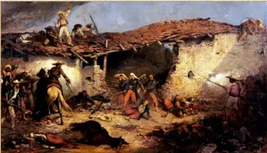 Pintura histórica que representa la Batalla de Camarón, con soldados combatiendo en el interior de una hacienda en ruinas.