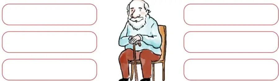 Ilustración de un anciano sentado en una silla, con bastón, barba blanca y expresión serena.