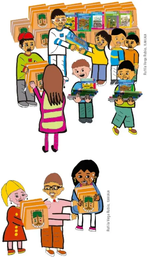 Ilustración de cuatro niños y niñas cargando entre varios las cajas de libros de texto gratuitos, mostrando cooperación; crédito de Ruttila Vega Rubio, Tlaxcala.