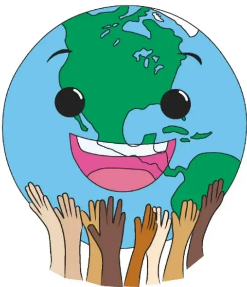 Ilustración de la Tierra sonriente con gotas de agua en los ojos, sostenida por múltiples manos de distintos tonos de piel; firmada por Luis Antonio Moreno Aguayo.