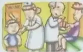 Centro de salud con doctor y pacientes.