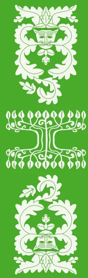 Tres motivos decorativos vegetales en blanco sobre fondo verde: dos rostros estilizados con follaje (arriba y abajo) y un árbol con raíces y hojas al centro, evocando arte popular o talavera.