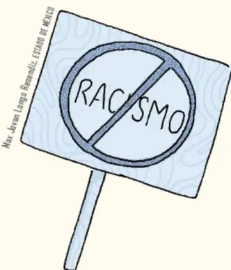 Cartel con la palabra RACISMO tachada dentro de un círculo, sostenido por un palo.