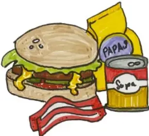 Ilustración de comida procesada: hamburguesa, papas empaquetadas, lata de sopa y tocino, representando alimentos con grasas trans.