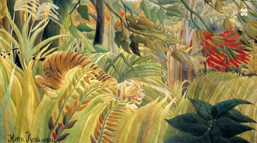 Pintura '¡Sorprendido!' (1891) de Henri Rousseau: tigre agazapado que mueve la cola entre pasto alto y vegetación tropical bajo la tormenta, con firma del artista.