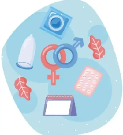 Ilustración con símbolos de salud sexual: preservativo, símbolos de género, pastillas anticonceptivas, calendario y toalla femenina.