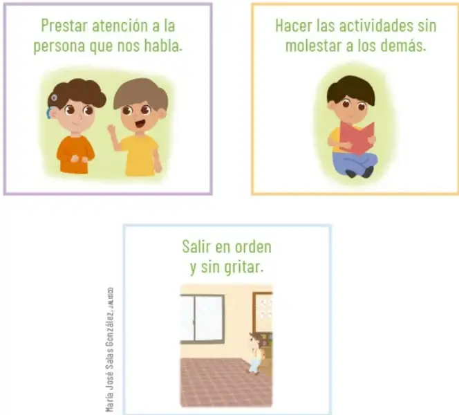 Ilustración de dos niños conversando con el texto 'Prestar atención a la persona que nos habla.'
