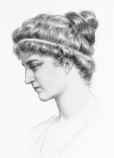 Retrato a lápiz de Hipatia de Alejandría, de perfil, con el cabello recogido y una cinta en la cabeza, mirando hacia abajo.