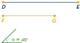 Segmentos DE y FG y ángulo alfa de 45 grados que se usan como datos para la construcción.