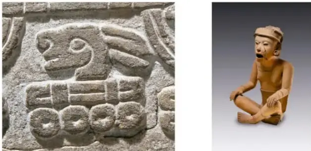 Fotografía de una piedra tallada con glifos mesoamericanos en relieve, posiblemente mayas.