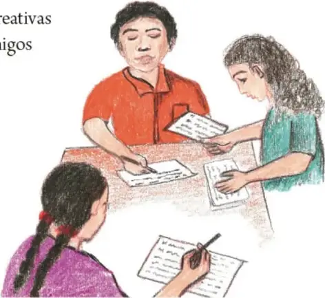 Dibujo de tres personas (una de pie y dos sentadas) que revisan y escriben en hojas sobre una mesa; crédito Dámazo Martínez Hilario, Guerrero.