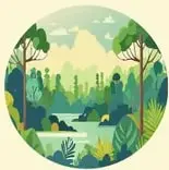 Paisaje de selva ecuatoriana; emoji feliz; olinguito en una canoa pescando.