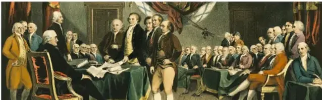 Pintura histórica que muestra a un grupo de personajes (padres fundadores) firmando un documento en un salón, referente a la Independencia de Estados Unidos.