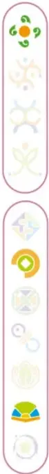 Franja vertical decorativa con motivos geométricos circulares de colores.