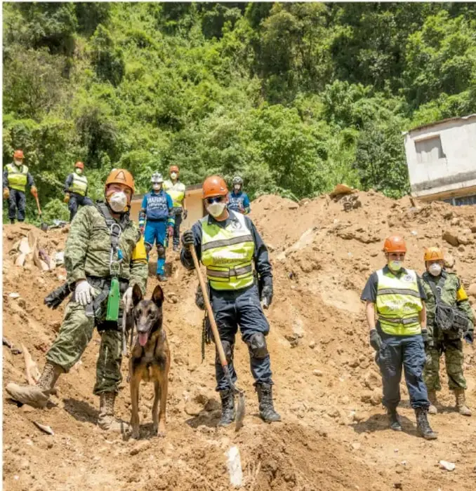 Fotografía de equipos de rescate con cascos, chalecos reflectantes, mascarillas y un perro rastreador, sobre un terreno de tierra y escombros en una zona de desastre, con vegetación y una vivienda dañada al fondo.