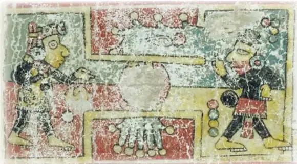 Lámina 86 del Códice Zoiche-Nutall con dos guerreros ataviados; uno realiza una apuesta de chalchihuites.