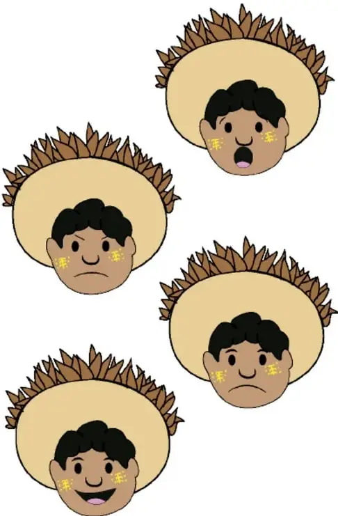 Cuatro rostros infantiles con sombrero de paja que muestran distintas emociones: asombro, tristeza, enojo y alegría.