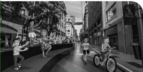 Fotografía en blanco y negro de una calle urbana con niños jugando: uno salta y otro anda en bicicleta, relacionada con el movimiento y el cuidado del cuerpo.