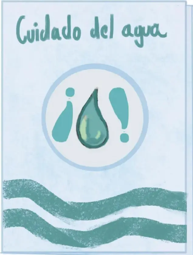 Portada de la Guía de prevención con el título "Cuidado del agua", una gota central con signos de exclamación y ondas azules al pie.