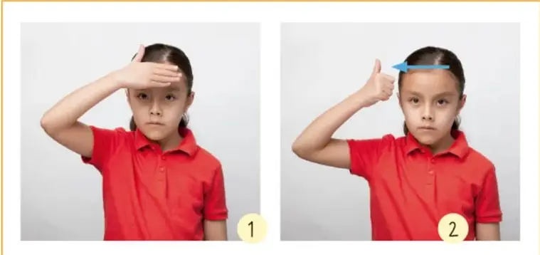 Dos fotografías de una niña con camisa roja realizando la seña: (1) mano abierta con la palma sobre el frente; (2) mano movida hacia un lado, cerrándose en puño. Foto: Francisco Palma Lagunas, Ciudad de México.