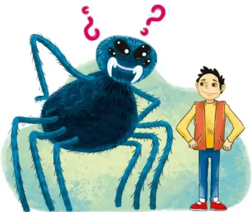Ilustración de una araña azul enorme con signos de interrogación, junto a un niño con chaleco rojo que la observa con sorpresa.