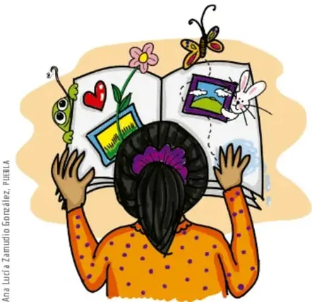 Niña observando un libro abierto con dibujos de flor, corazón, mariposa y conejo; pie: Diseño creativo.